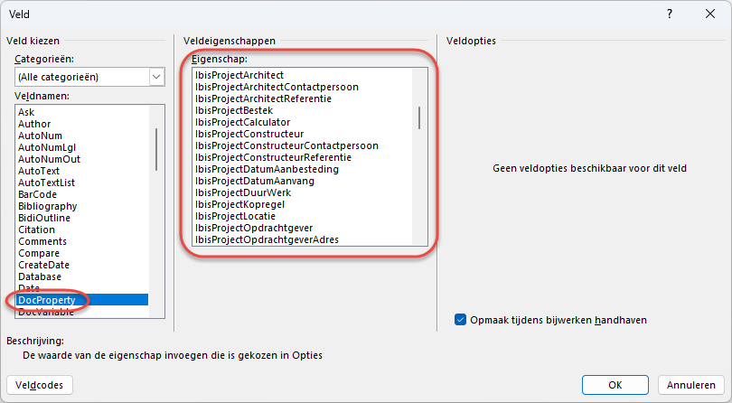 Invoegen Velden in Word-document