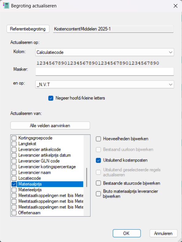 Actualiseren materiaalprijs