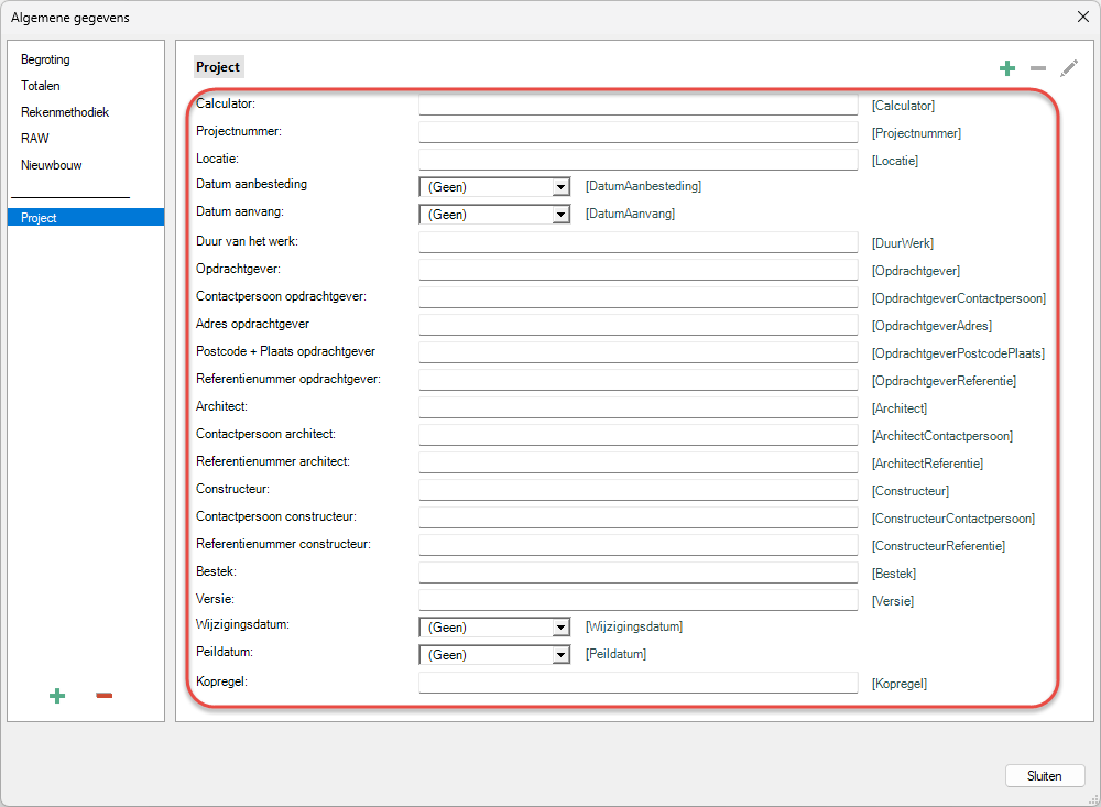 Word velden - Algemene gegevens - Project