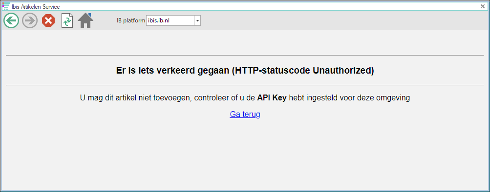 Ibis Artikelen Service - melding als geen API Key aanwezig